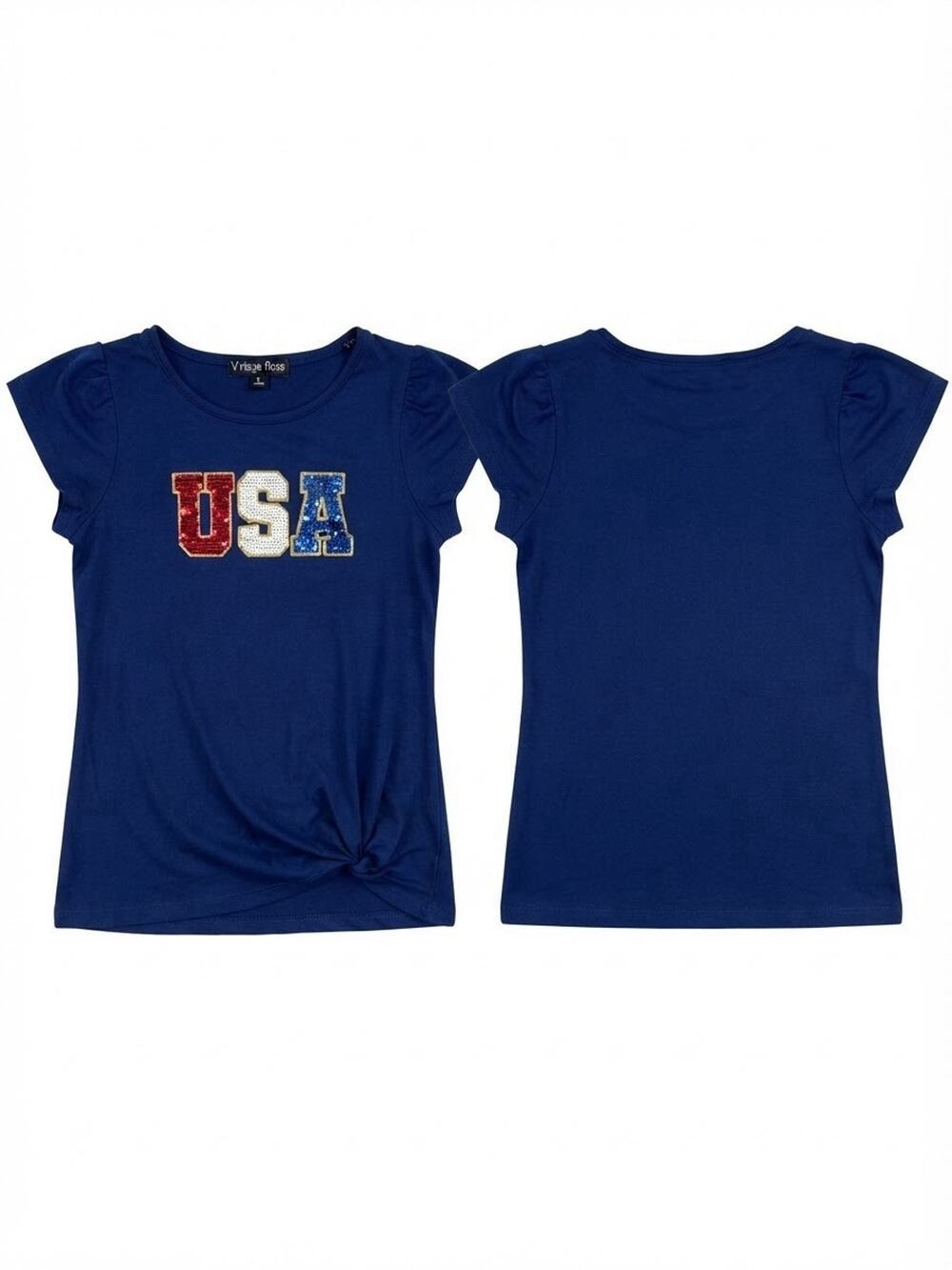 Vintage Rose Women's T-Shirt M Blue USA Sequin Graphic Knit Crew Neck Pullover